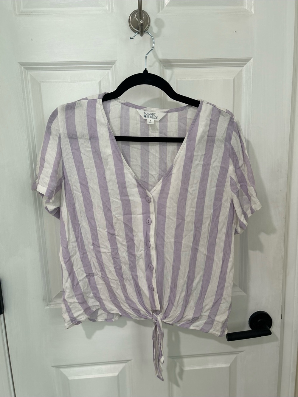 Market & Spruce Lavender and White Striped Tie-Front Button Shirt